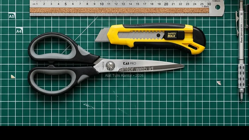 Detail cutter dengan mekanisme safety lock dan gunting berpegangan karet ergonomis