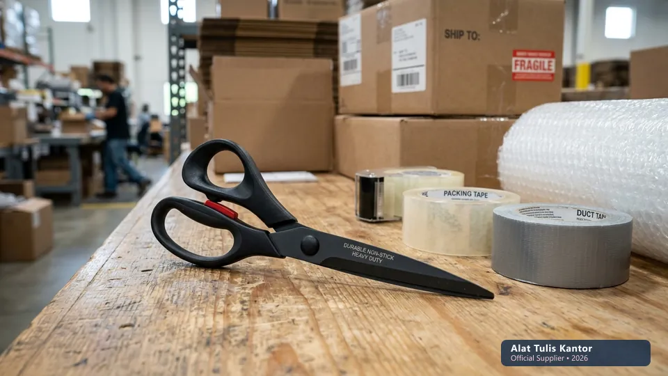 Gunting antilengket non-stick tahan residu lakban di meja packing gudang pengiriman