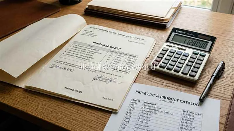 Dokumen purchase order dan kalkulator di atas meja kantor